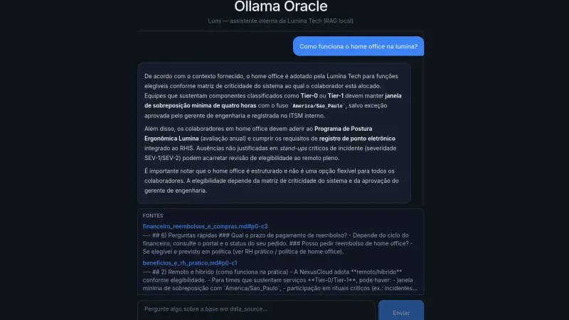 Captura do projeto Ollama Oracle: chat corporativo com RAG local