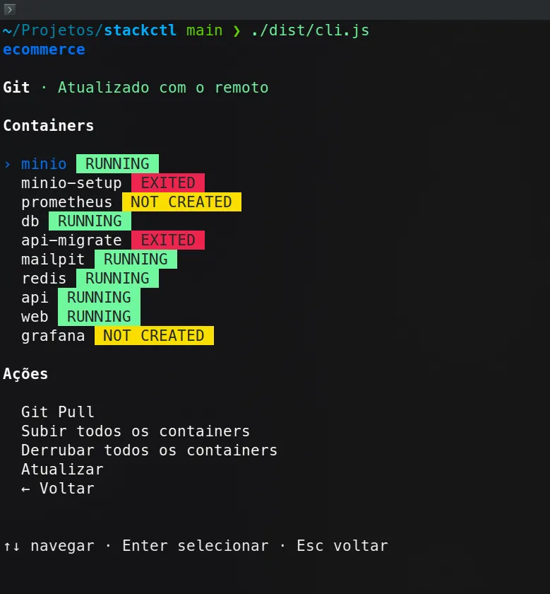 Screenshot of the Docker stack operations in the terminal: local TUI with git and Compose project